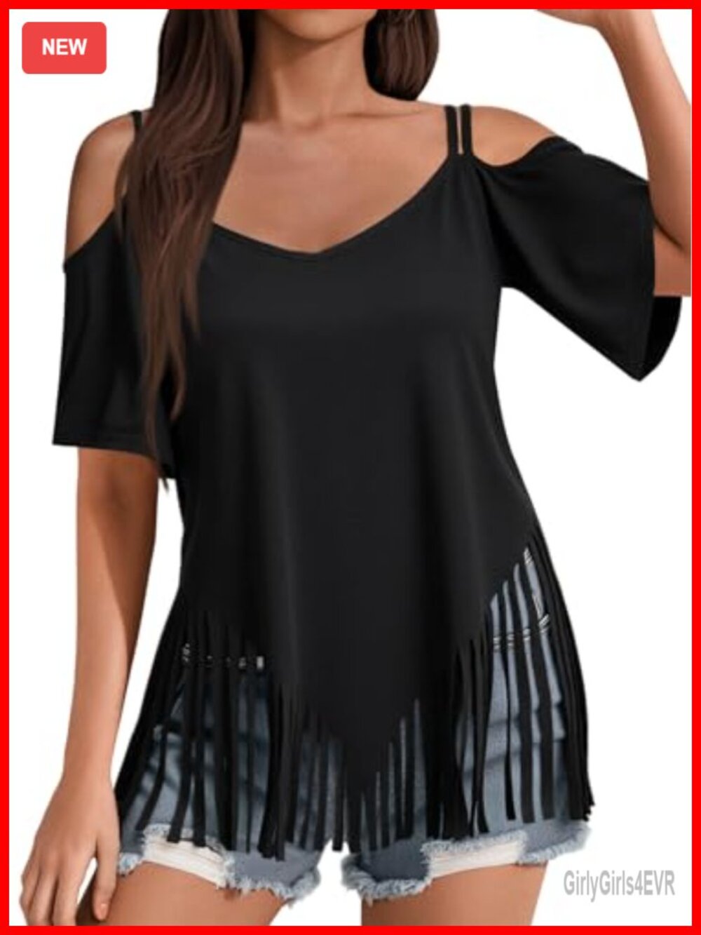 Fringe Tops for Women Short Sleeve V Neck T Shirt Oversized Casual Tee
